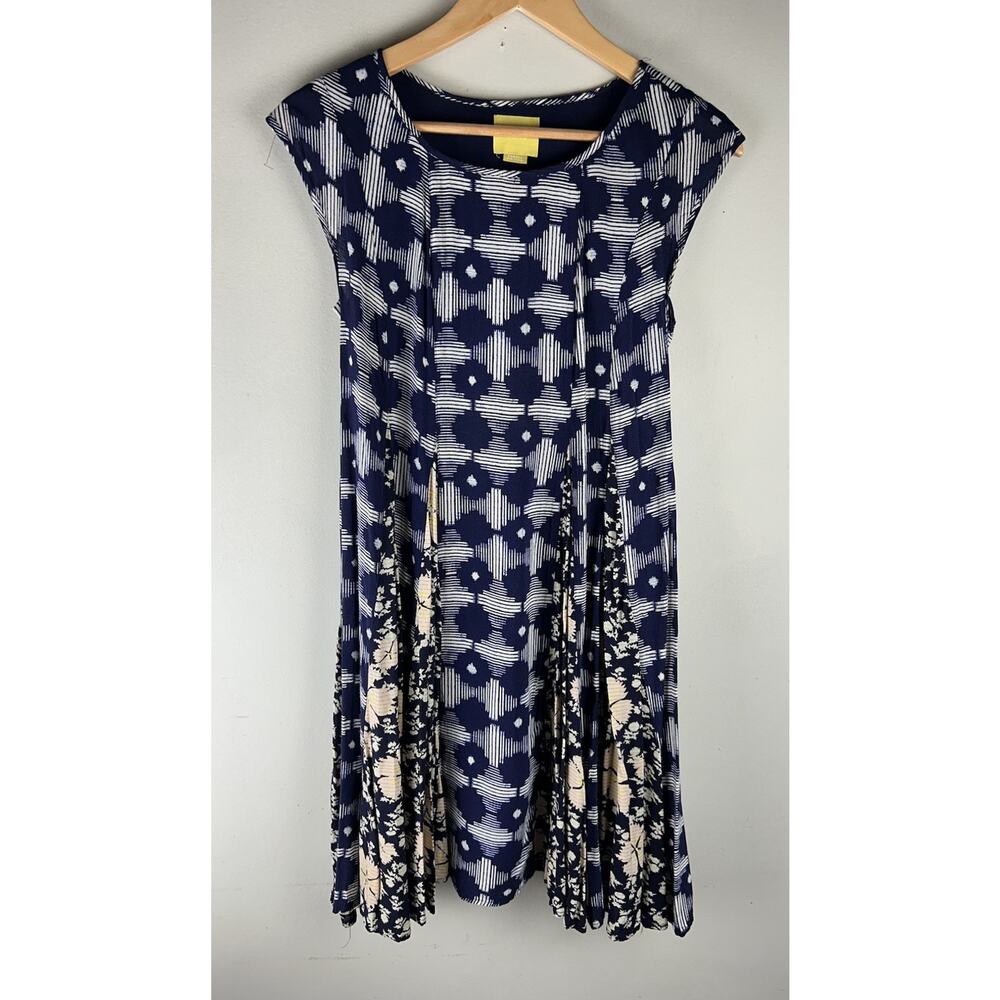 MAEVE Anthropologie Navy Floral Pleated Hem Tassel Indiga Swing A-Line Dress XS